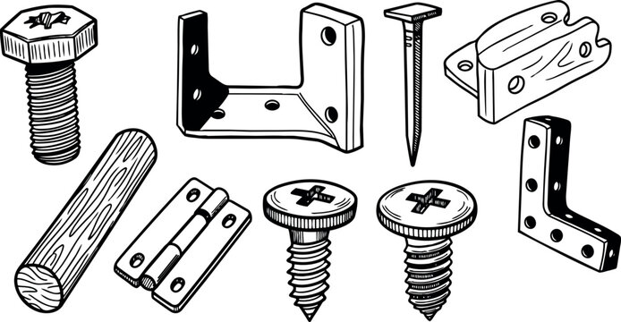 Black and white line art detailed close up of assorted screws nuts bolts hinges wooden dowel and nails hardware components set