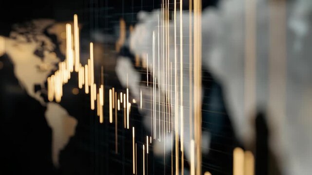 This collection of frames shows data trends with line charts and global maps. It highlights changes in various metrics over time