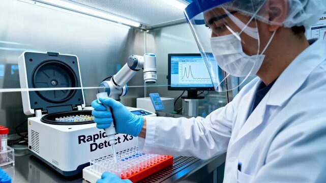 Technician conducting rapid PCR testing in a clean laboratory environment using advanced instruments to quickly detect pathogens in samples for contamination prevention.