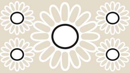 Four white flowers with black centers on beige background floral pattern design
