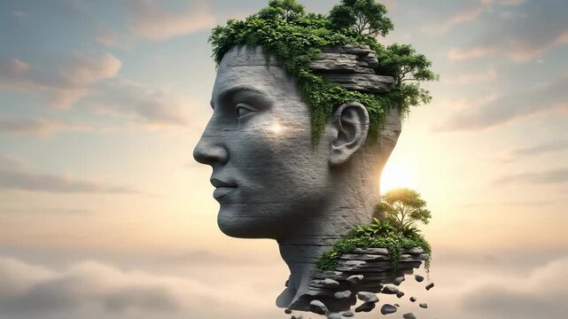 Head of stone merging with vibrant green, embodying deep thought, inner resilience, mental peace, balanced emotions, clear mind, spiritual harmony, tranquil awareness.