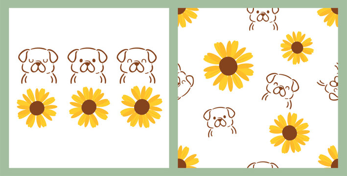 Cute puppy face illustration set with sunflower elements, featuring playful dog expressions and a seamless floral pattern in warm yellow tones for nursery decor, stationery.