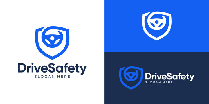 Creative simple drive safety logo template. Steering wheel with shield logo design vector illustration.