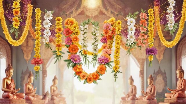 Serene Buddha Statues in a Floral Decorated Temple, Offering Tranquility and Peace
