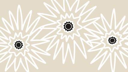 Three white floral patterns with black centers on beige background for design