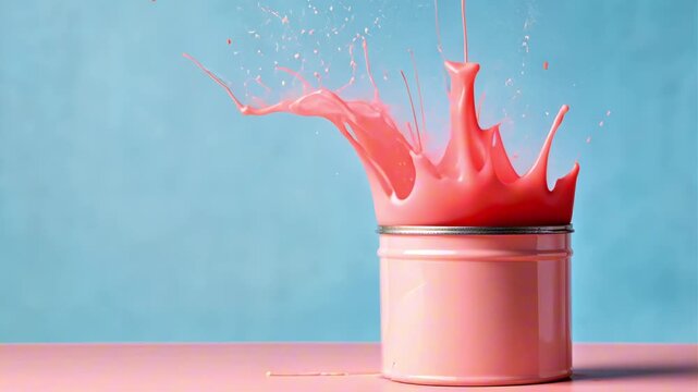 Vibrant pastel light pink paint splashes dramatically from an open can over blue background