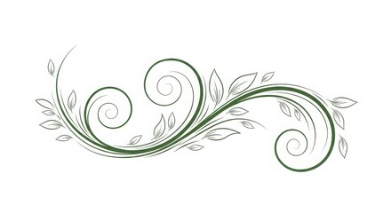 Green Swirling Floral Vine with Leaves on White - Decorative Organic Ornament