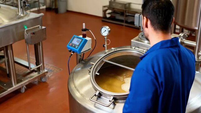 Medium shot of a technician monitoring mild alkalization of cocoa liquor in a stainless steel reactor to achieve subtle flavor enhancement and light color adjustment.