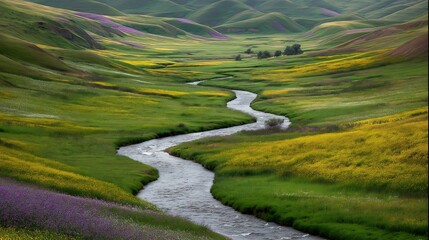 Cheerful Spring Valley Landscape with Winding River Green Fields and Flowers
