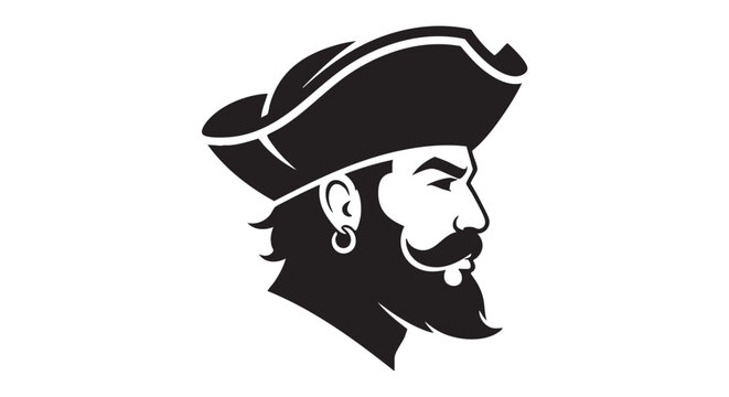 Illustration of a pirate captain's profile with a hat, beard, and earring on a plain background