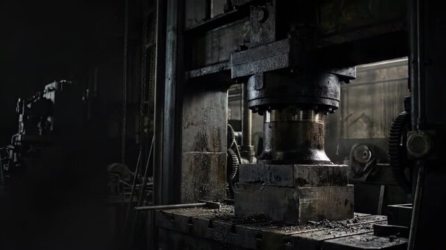 Moody eyelevel shot of a heavy industrial forging press in a factory