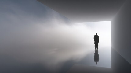 Obraz premium Long Term Vision Concept With Silhouette in Bright Space Surrounded by Soft Fog and Modern Business Atmosphere