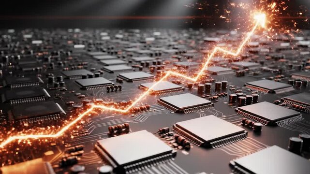 Slow motion cinematic dolly shot gliding above complex electronic circuit paths while pulsating orange light forms a rising financial progress graph abstract, seamless loop, technical