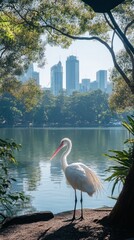 Obraz premium In the photo, an elegant white crane by a pond with city skyscrapers on the horizon emphasises the harmony between nature and urbanisation, making it an ideal atmospheric backdrop 