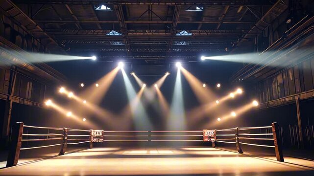 Empty boxing ring illuminated by spotlights in a large arena ready for the next boxing match
