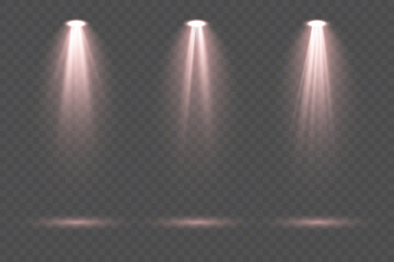 Set of red spotlights with powerful illumination beams and diffused glowing rays isolated on transparent background perfect for dramatic stage lighting design, presentation highlights and professional