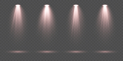 Collection of bright red scene illumination effects with realistic stage spotlights, glowing crimson beams and soft atmospheric rays isolated on transparent background ideal for concert lighting, thea