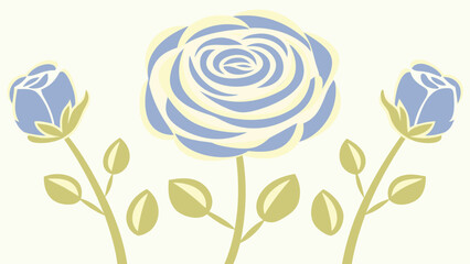 Three stylized blue roses with green stems and leaves on a cream background floral design