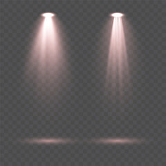 Collection of bright red scene illumination effects with realistic stage spotlights, glowing crimson beams and soft atmospheric rays isolated on transparent background ideal for concert lighting, thea