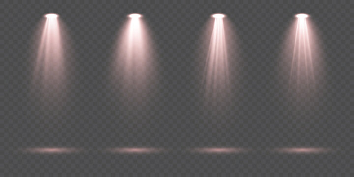 Collection of bright red scene illumination effects with realistic stage spotlights, glowing crimson beams and soft atmospheric rays isolated on transparent background ideal for concert lighting, thea