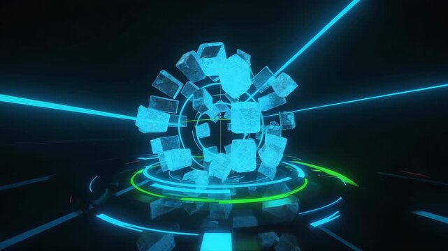 Futuristic Digital Hologram Interface with Floating Data Cubes in Tech Environment