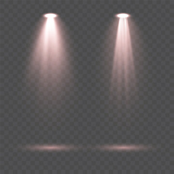 Collection of bright red scene illumination effects with realistic stage spotlights, glowing crimson beams and soft atmospheric rays isolated on transparent background ideal for concert lighting, thea