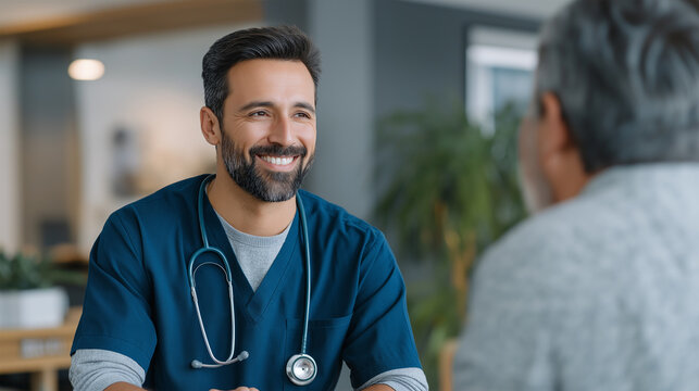 Young male doctor wearing blue scrubs smiling while looking at blurred patient for medical consultation. Healthcare professional advising during visit.