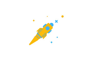 a simple flat 2D icon of a 'satellite falling up', a satellite crashing upwards into the sky, minimalist design, solid gold and blue colors, clean sharp lines, no shadows