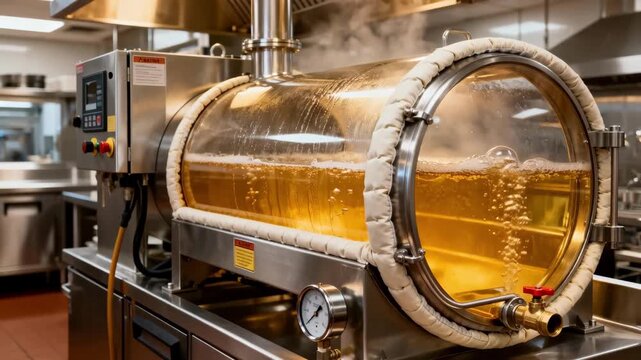 Horizontal steamjacketed kettle in a commercial kitchen softly bubbling as it renders fat into pure tallow emphasizing efficient heat distribution and safety features.