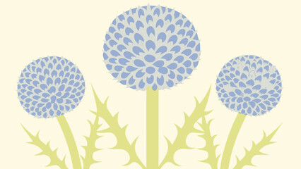 Three blue dandelion flowers with green stems and thorns on a cream background