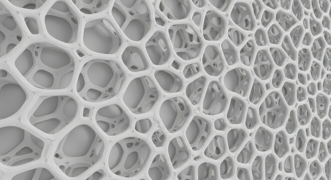 White 3D Cellular Grid Pattern. Organic Voronoi lattice texture for technology, science, and backgrounds.