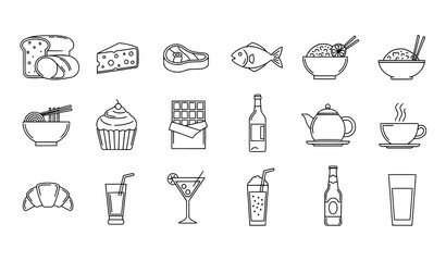 Minimal Line Food and Beverage Icons with Drinks Desserts and Meals