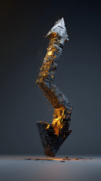 Glowing broken arrow sculpture made of stacked metal cubes ascending with sparks and warm light