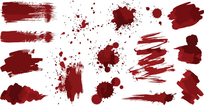 A set of red ink splats and bloody paint splashes featuring grunge textures and watercolor drips in a vector illustration design for artistic backdrops