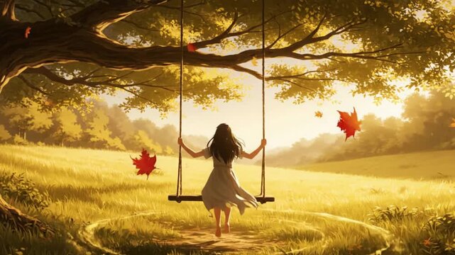 Golden hour solitude: A young woman swings beneath a massive oak tree in a vast, sun-drenched, golden meadow, captured in a magical cinematic digital 