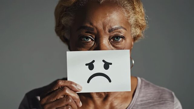 Woman holding paper with sad face emoticon in front of her face