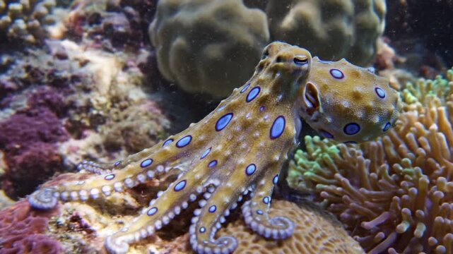 Blue ring octopus resting coral reef with vibrant blue ring pattern and tentacle detail, underwater marine scene with coral, anemone, shallow tropical water mood and vivid blue rings with textured
