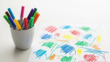 Fototapeta premium Colorful marker set with doodle art on paper for creative design projects