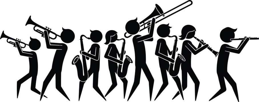 a group of stylized stick figure musicians playing brass and woodwind instruments, monochrome silhouette style, bold black and white graphic design, minimalist art, on white background 