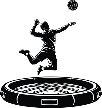 Bossaball Jumping Player Black and White Vector Illustration isoleted on white background