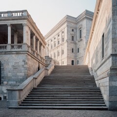Obraz premium A grand, classical stone building with intricate architecture, featuring a grand staircase leading up to a large, open space with a clear blue sky in the background.