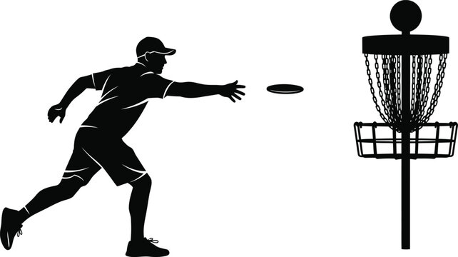 Disc Golf Throwing Player Black and White Vector Illustration 