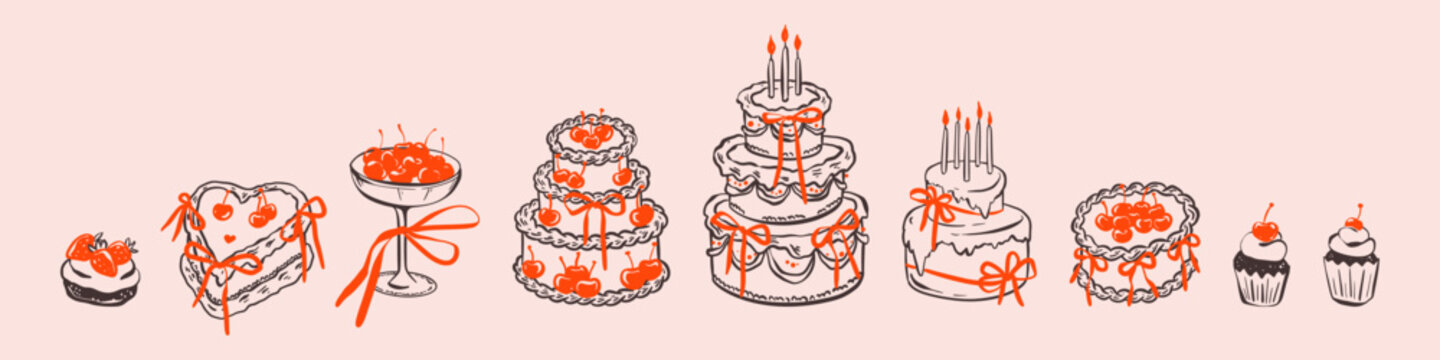 Set of hand drawn doodle whimsical cakes with chocolate frosting for birthday, bachelorette party celebration, wedding, romantic love Valentines day. Pastel graphic element for greeting card, print