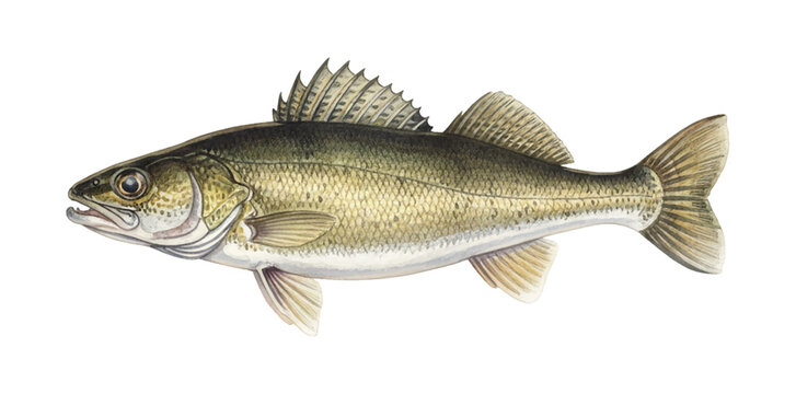 Detailed illustration of a walleye fish with scales and fins on a white background showcasing aquatic life