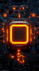 Fototapeta premium Close-up Futuristic Macro View of Glowing Orange Circuit Board with Intricate Pathways and Electronic Components, Representing Advanced Technology and Data Processing Power