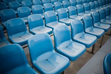 Naklejka premium Empty rows of bright blue plastic stadium seats waiting for spectators at major event location.