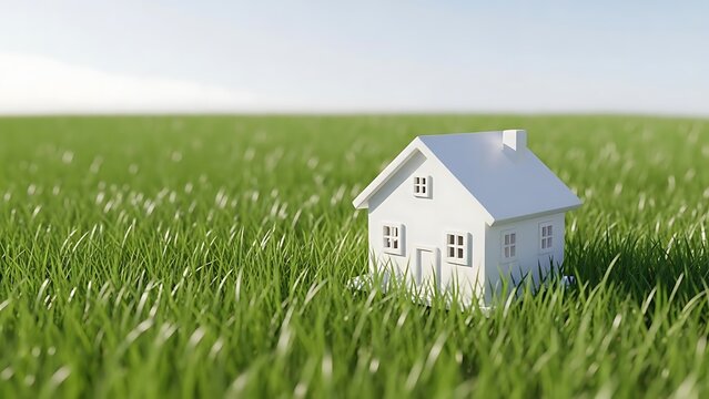 A charming miniature white house stands alone in a vast, vibrant field of lush green grass under a clear blue sky.