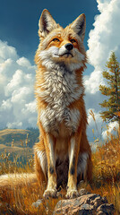 Obraz premium Majestic red fox sits proudly on rocky outcrop, its fur vibrant mix of orange, white, and black, gazing upwards into sky filled with fluffy white clouds and hints of rolling hills in background, captu
