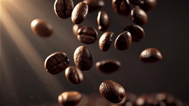 Roasted coffee beans floating and rotating in slow motion. Aromatic coffee concept and food background video.