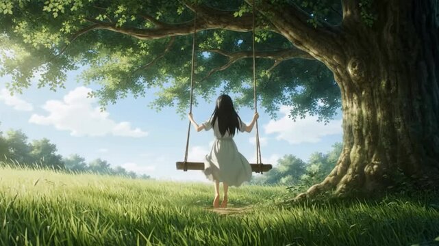 Anime style portrait of a girl swinging under a giant ancient oak tree in a sun-drenched, overgrown meadow, capturing serene tranquility and childhood
